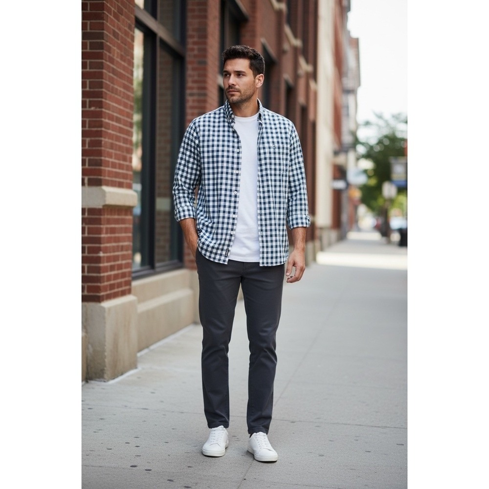 LL Bean Men's Long‎ Sleeve Button Down Shirt Blue White Gingham Check 16.5-37